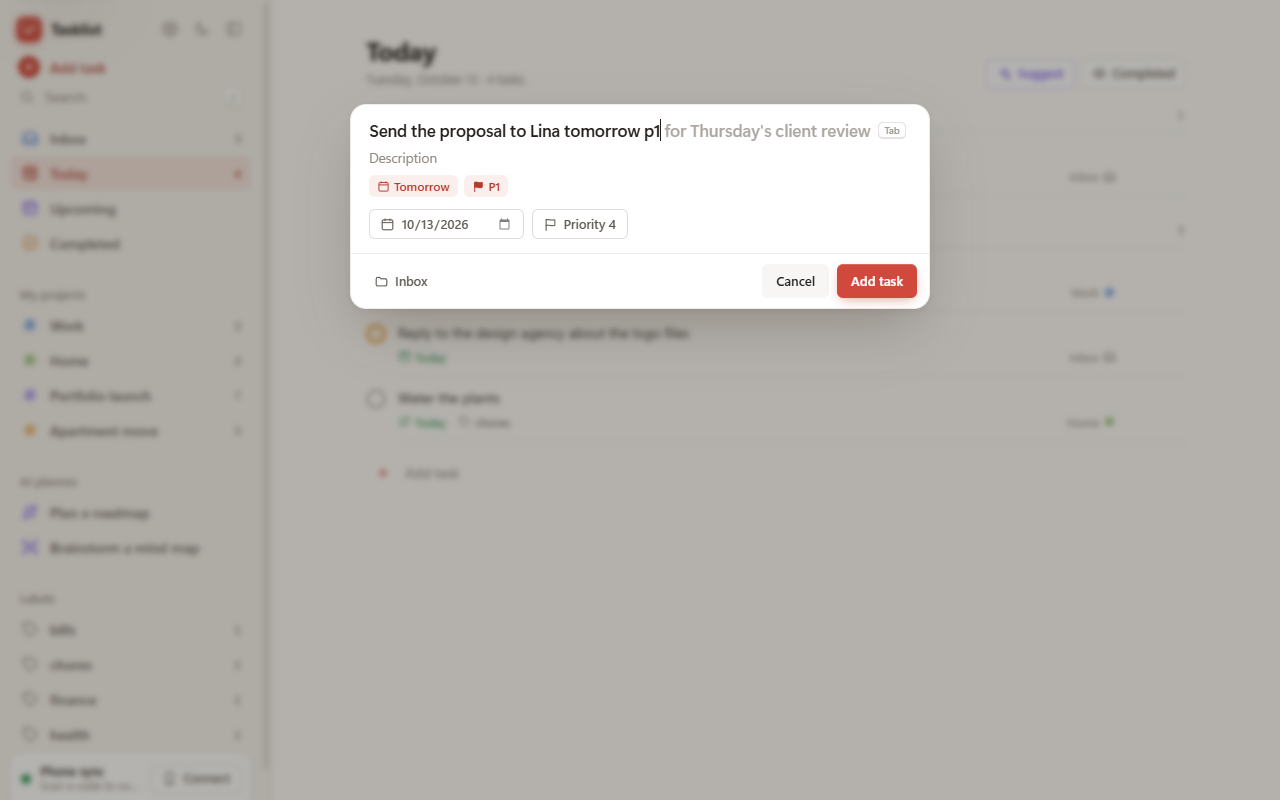 Quick add with an AI suggestion completing the task name