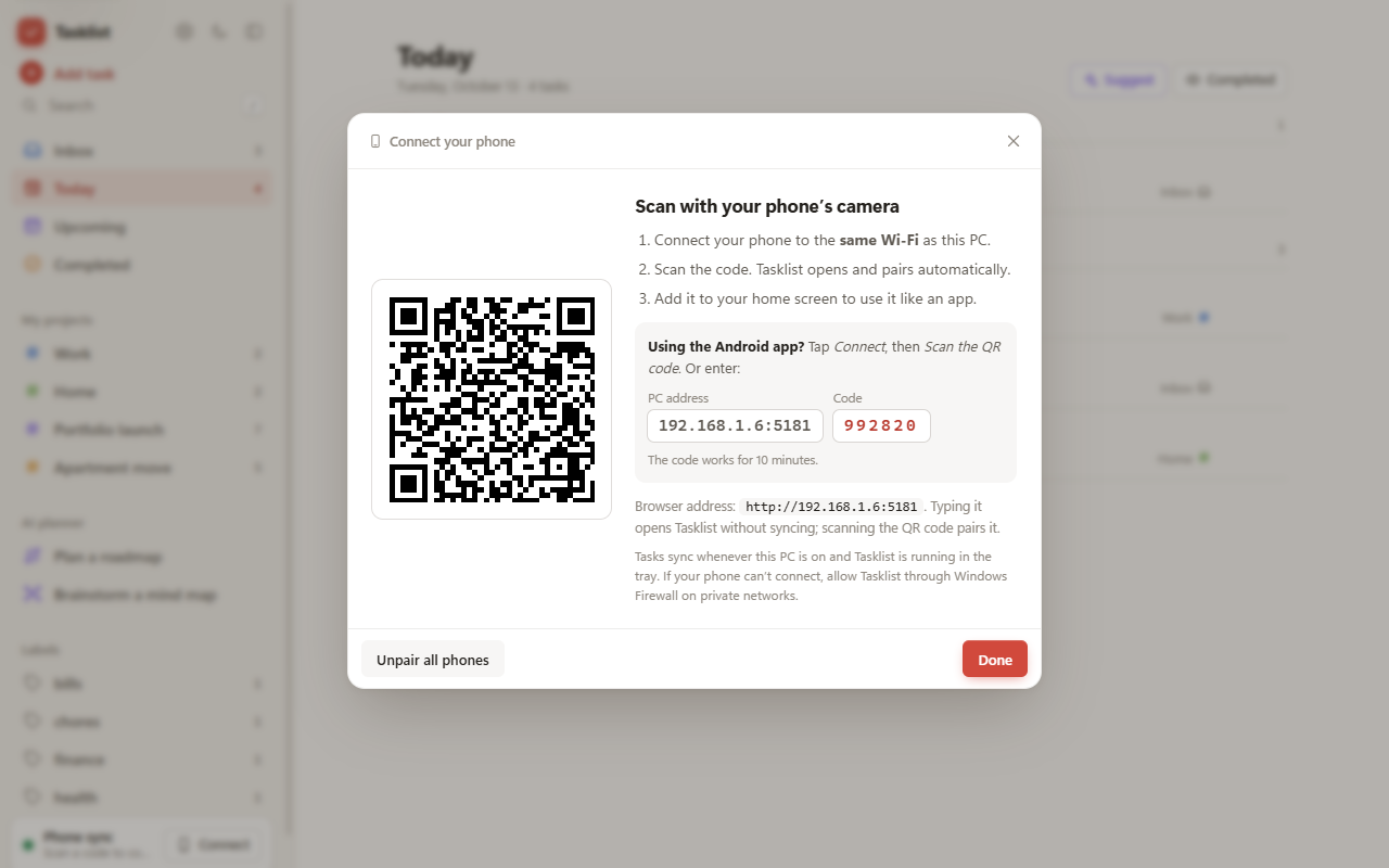 The Connect your phone window on the PC, with a QR code