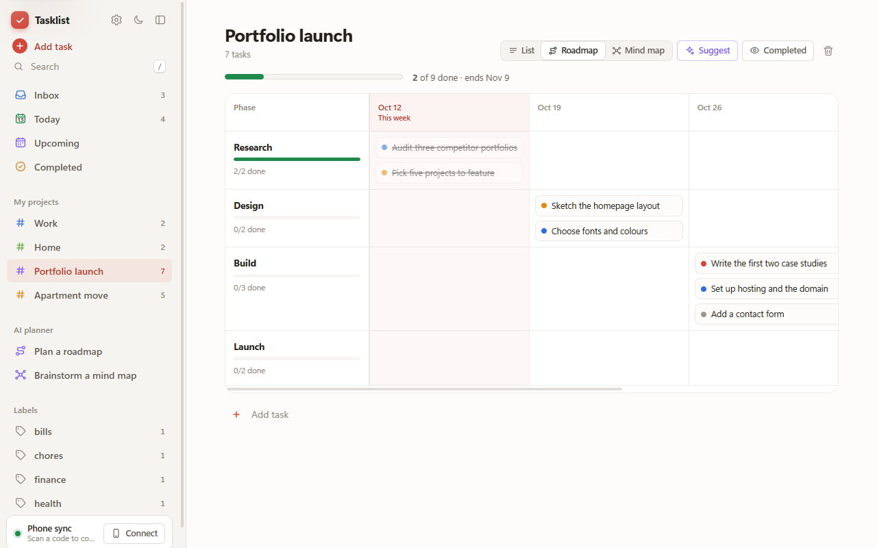 A portfolio launch roadmap split into research, design, build and launch phases