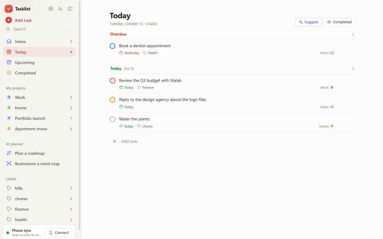 Tasklist on Windows showing today's tasks, projects and labels