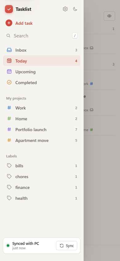 The Android app showing Synced with PC